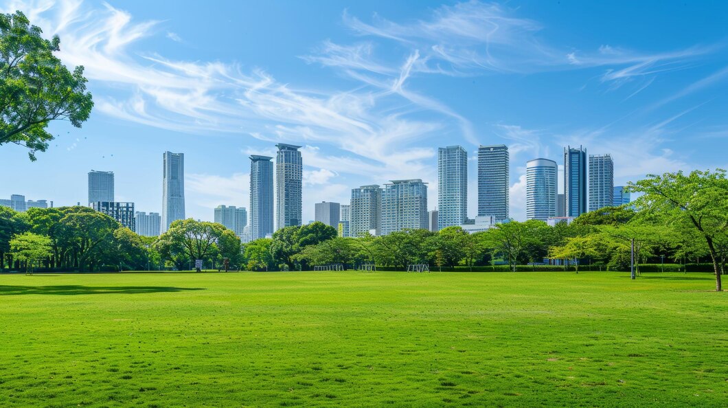 Modern city skyline with lush green park and clear blue sky