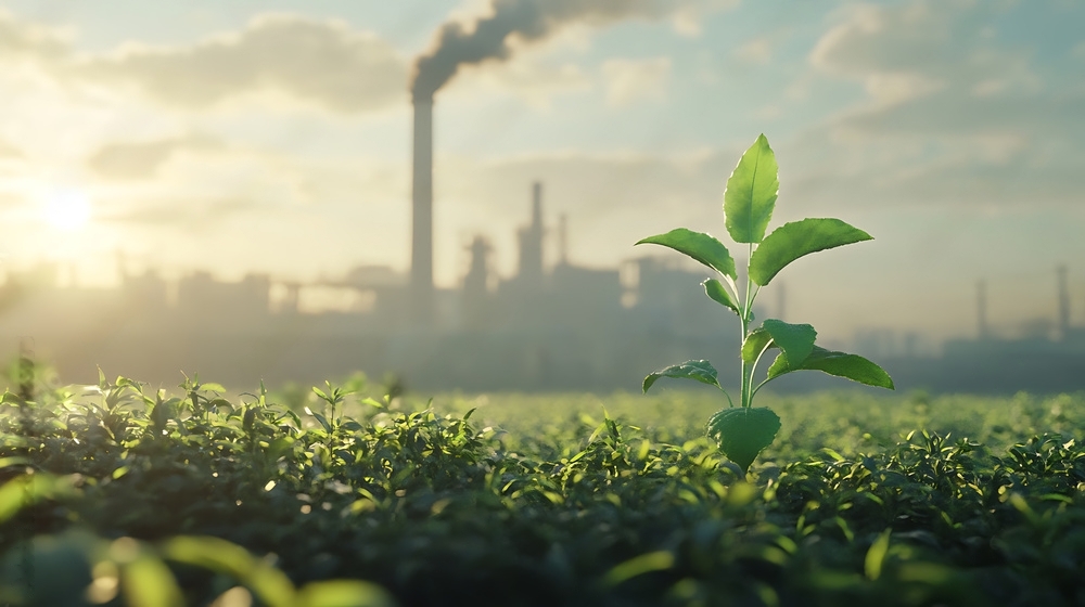 Young green plant sprouting in foreground with industrial background